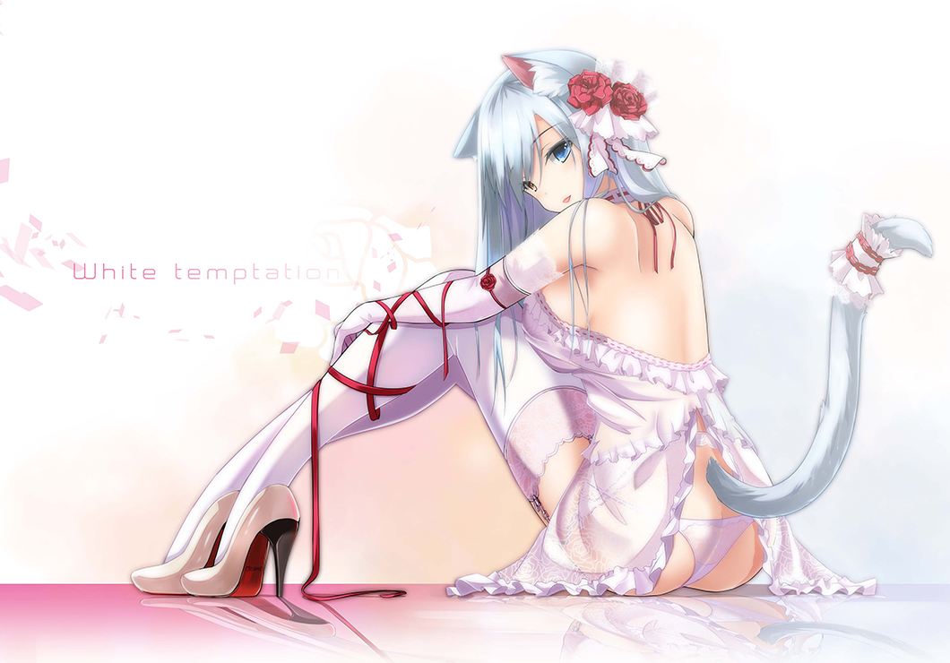 animal_ears, ass, bicolored_eyes, catgirl, elbow_gloves, fatkewell, flowers, garter, garter_belt, gloves, original, panties, ribbons, rose, stockings, tail, underwear