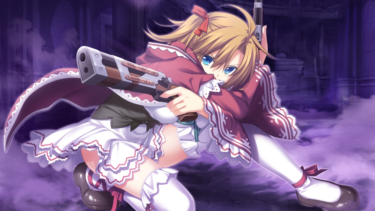 aqua_eyes, brown_hair, eushully, game_cg, gun, ikusa_megami, school_uniform, suri_leyssen, thighhighs, weapon