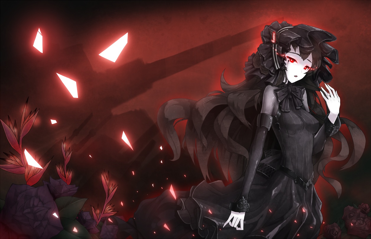 anthropomorphism, black_hair, bow, ddddddd, dress, goth-loli, headdress, isolated_island_oni