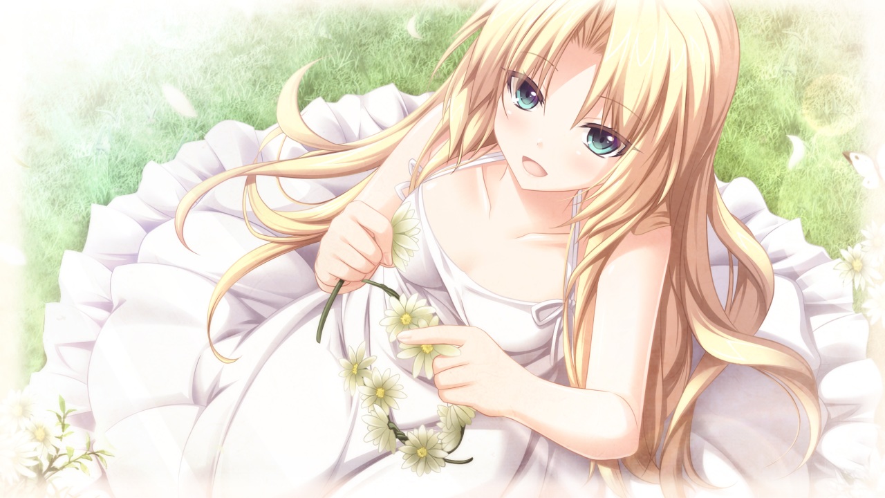 blonde_hair, dress, eushully, flowers, game_cg, ikusa_megami, levia_lograia, long_hair