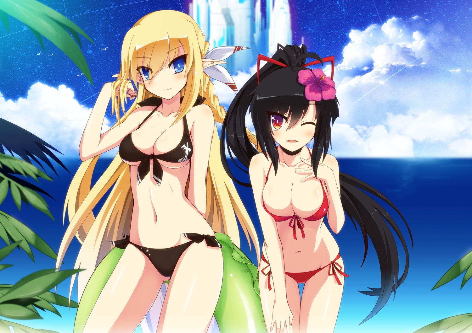 2girls, bikini, black_hair, blonde_hair, blue_eyes, braids, breasts, cleavage