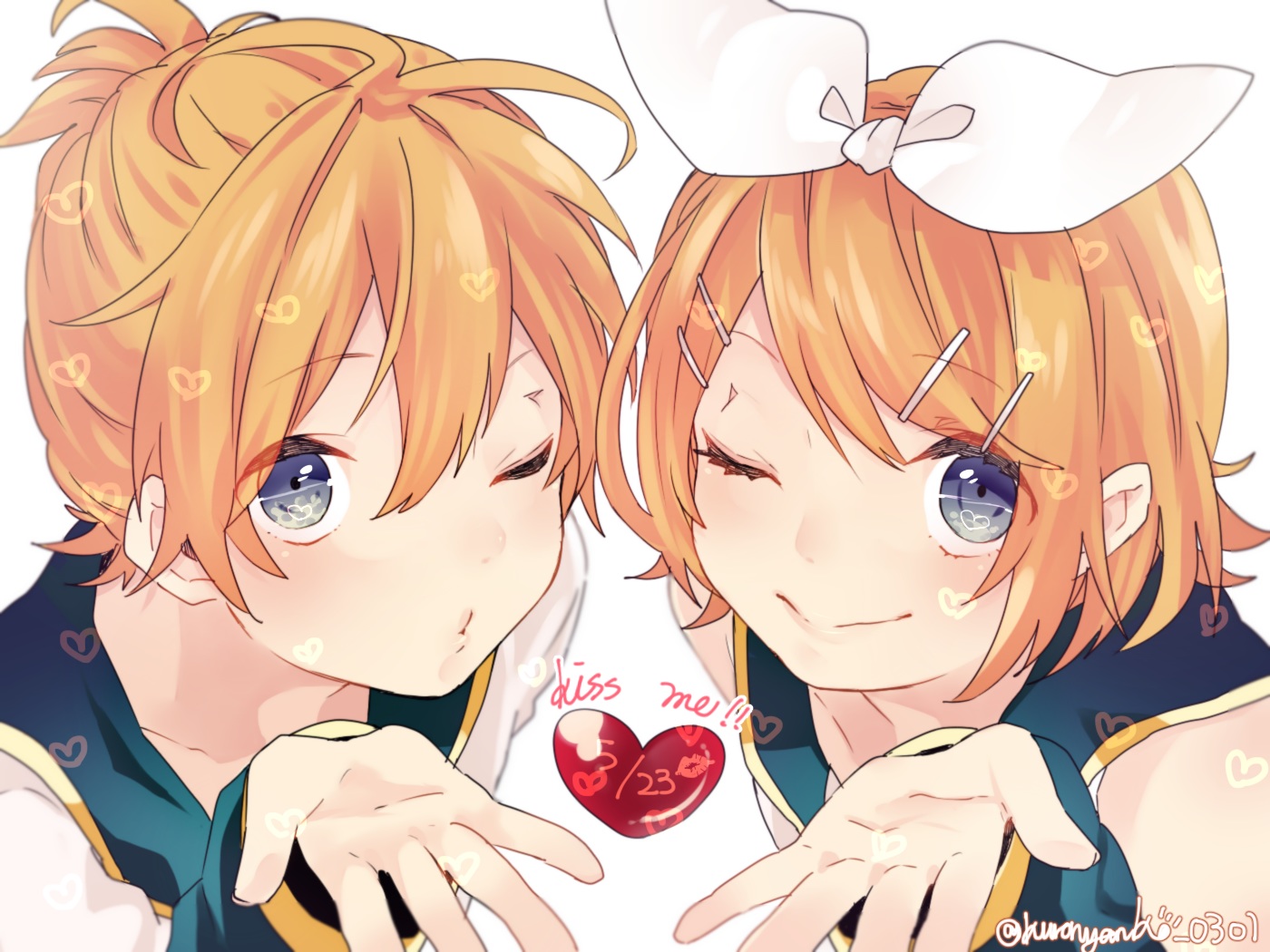 blue_eyes, bow, close, heart, kagamine_len, kagamine_rin, kuronyanko, male, orange_hair, short_hair, signed, vocaloid, wink