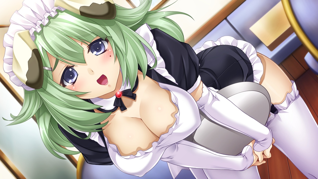 animal_ears, breasts, cleavage, doggirl, erect_nipples, game_cg, garden_soft, green_hair, itokazu_rei, love_replica, maid, takada_kazuhiro, thighhighs