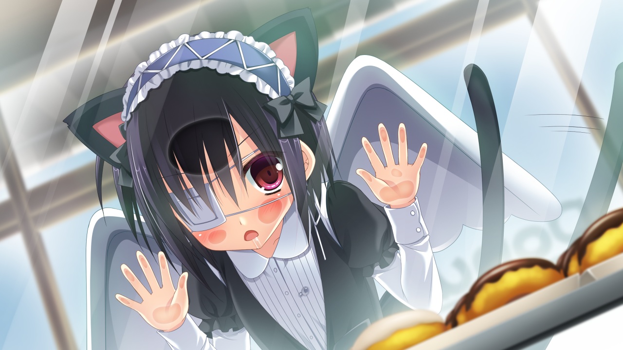 animal_ears, bow, eyepatch, game_cg, glace, headband, kuroha, sesena_yau, shirt, tail, timepiece_ensemble, wings