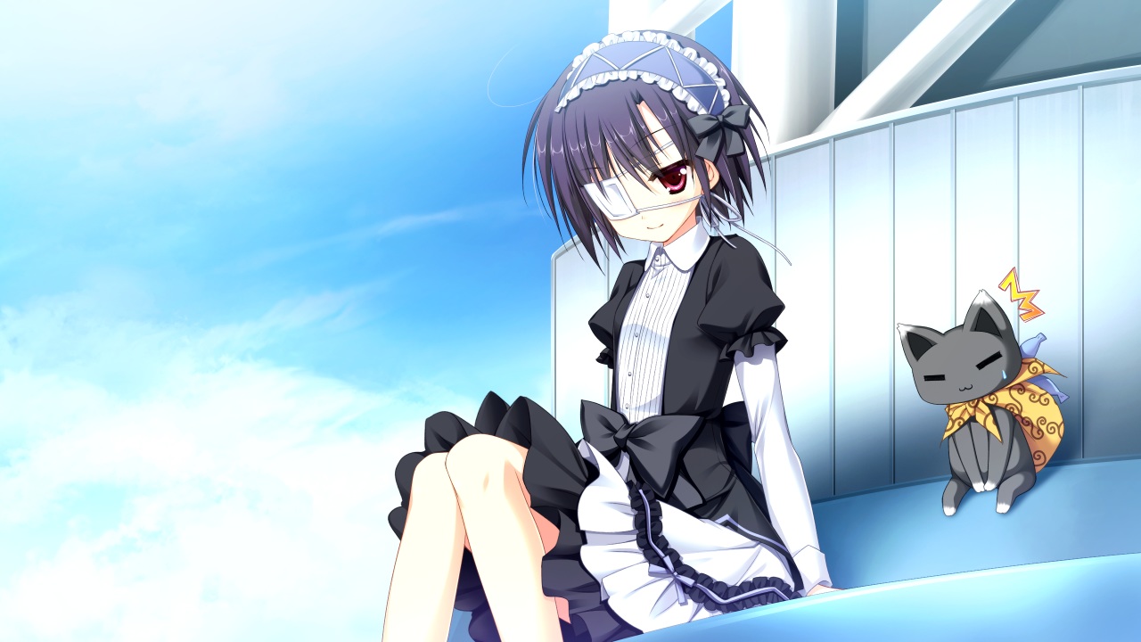 animal, black_hair, bow, cat, eyepatch, game_cg, glace, headband, kuroha, lolita_fashion, red_eyes, sesena_yau, short_hair, timepiece_ensemble