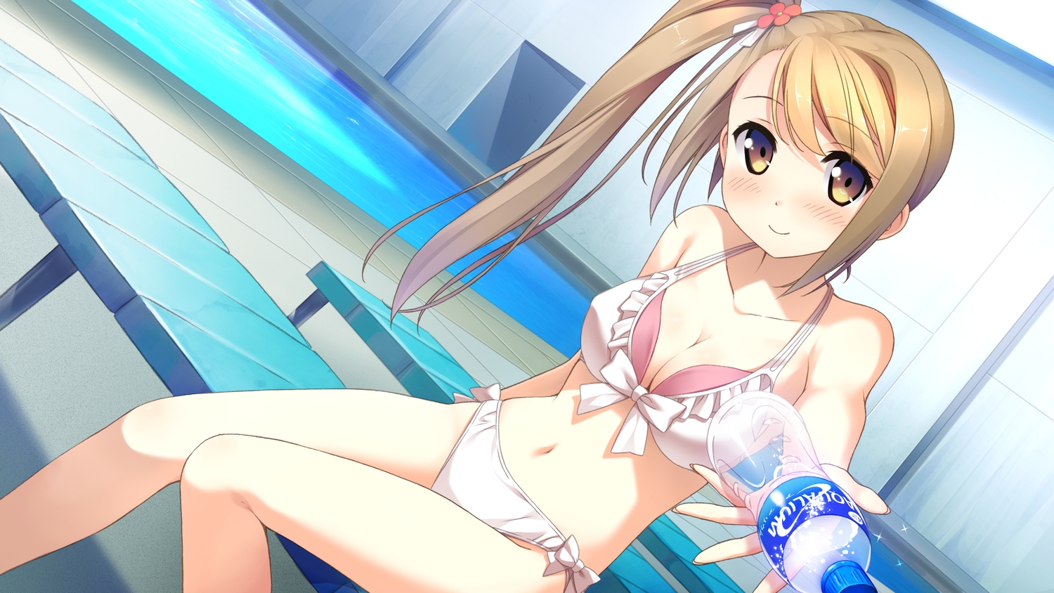 bikini, breasts, brown_hair, cleavage, cube, game_cg, ichinose_hotori, kantoku, long_hair, navel, ponytail, purple_eyes, swimsuit, your_diary