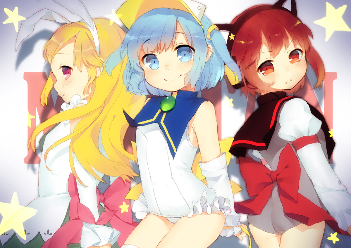 acidear, animal_ears, blonde_hair, blue_eyes, blue_hair, blush, bow, bunny_ears, bunnygirl, fang, headphones, kuroi_sumi, long_hair, moetan, nijihara_ink, pink_eyes, red_eyes, red_hair, shiratori_arisu, short_hair