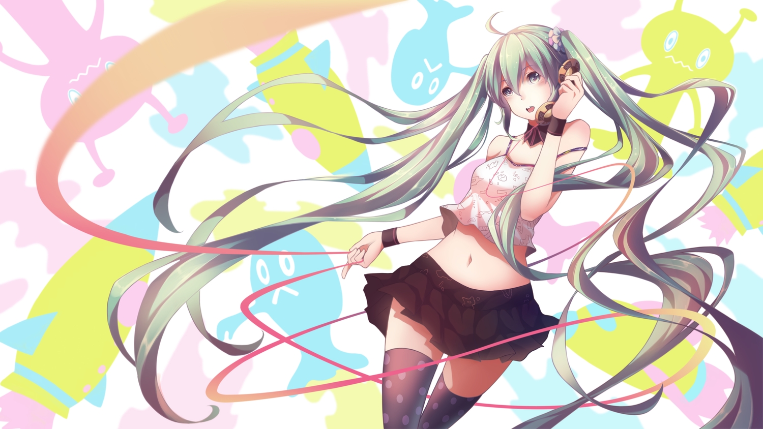 green_eyes, green_hair, hatsune_miku, long_hair, navel, ng_(chaoschyan), phone, redial_(vocaloid)