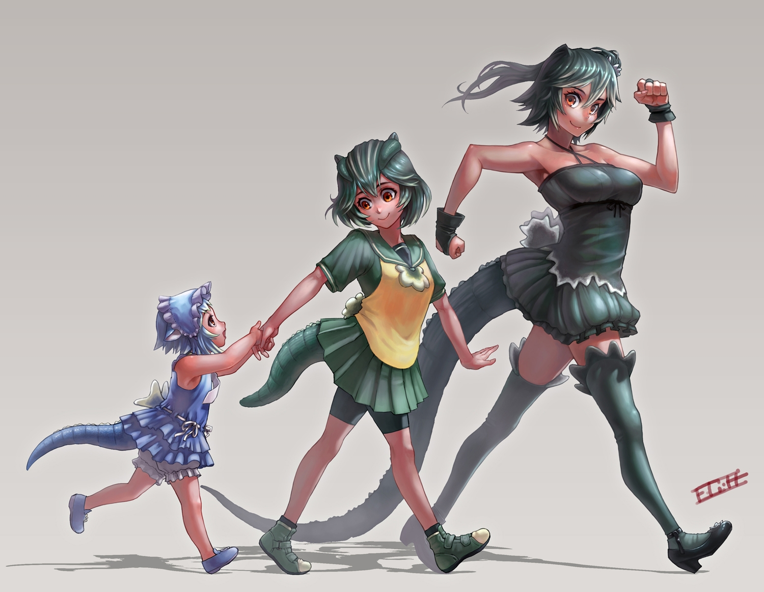 anthropomorphism, bike_shorts, blue_hair, brown_eyes, dress, gamerag, godzilla, godzilla_(series)