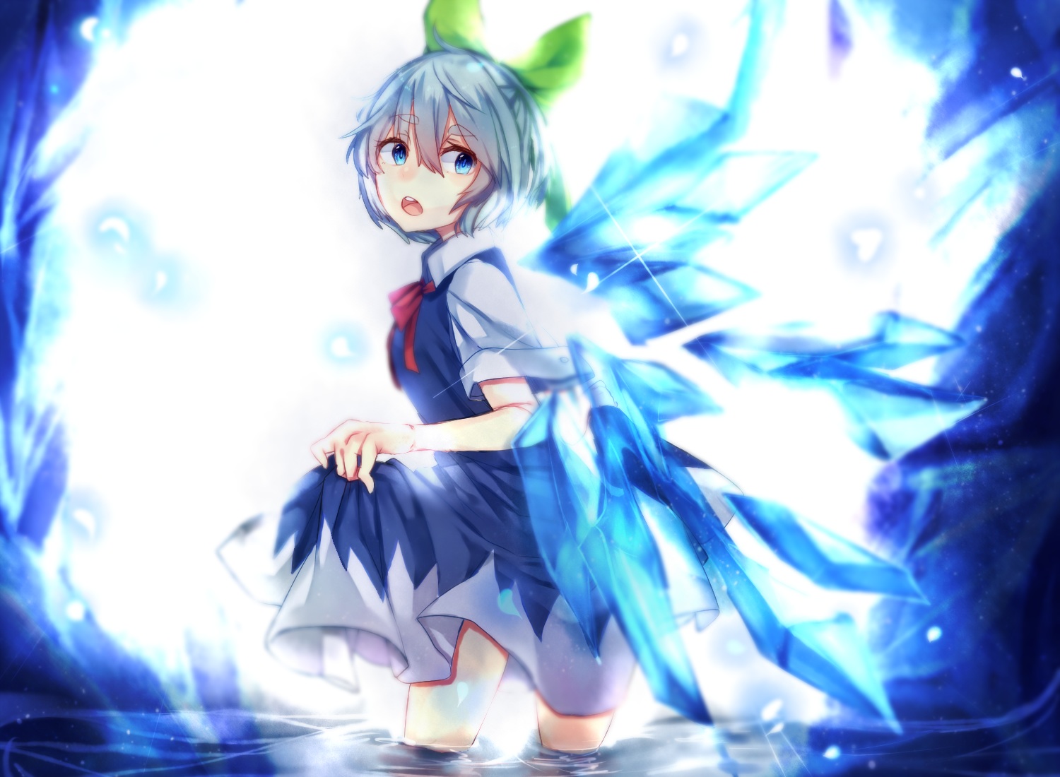 blue_eyes, blue_hair, cirno, dress, fairy, nabezuru, short_hair, touhou, wings
