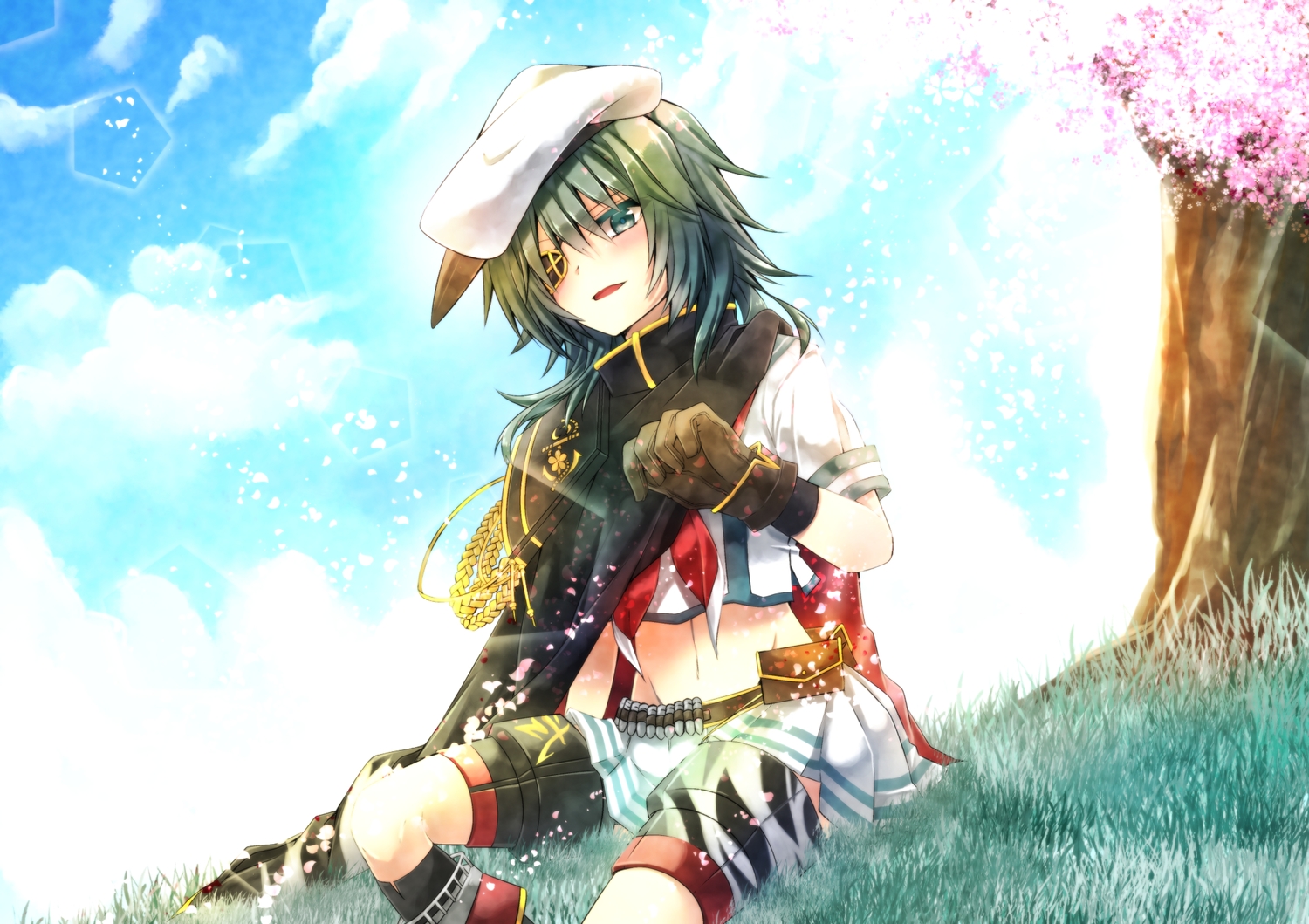 anthropomorphism, cherry_blossoms, clouds, eyepatch, flowers, gloves, grass, green_eyes
