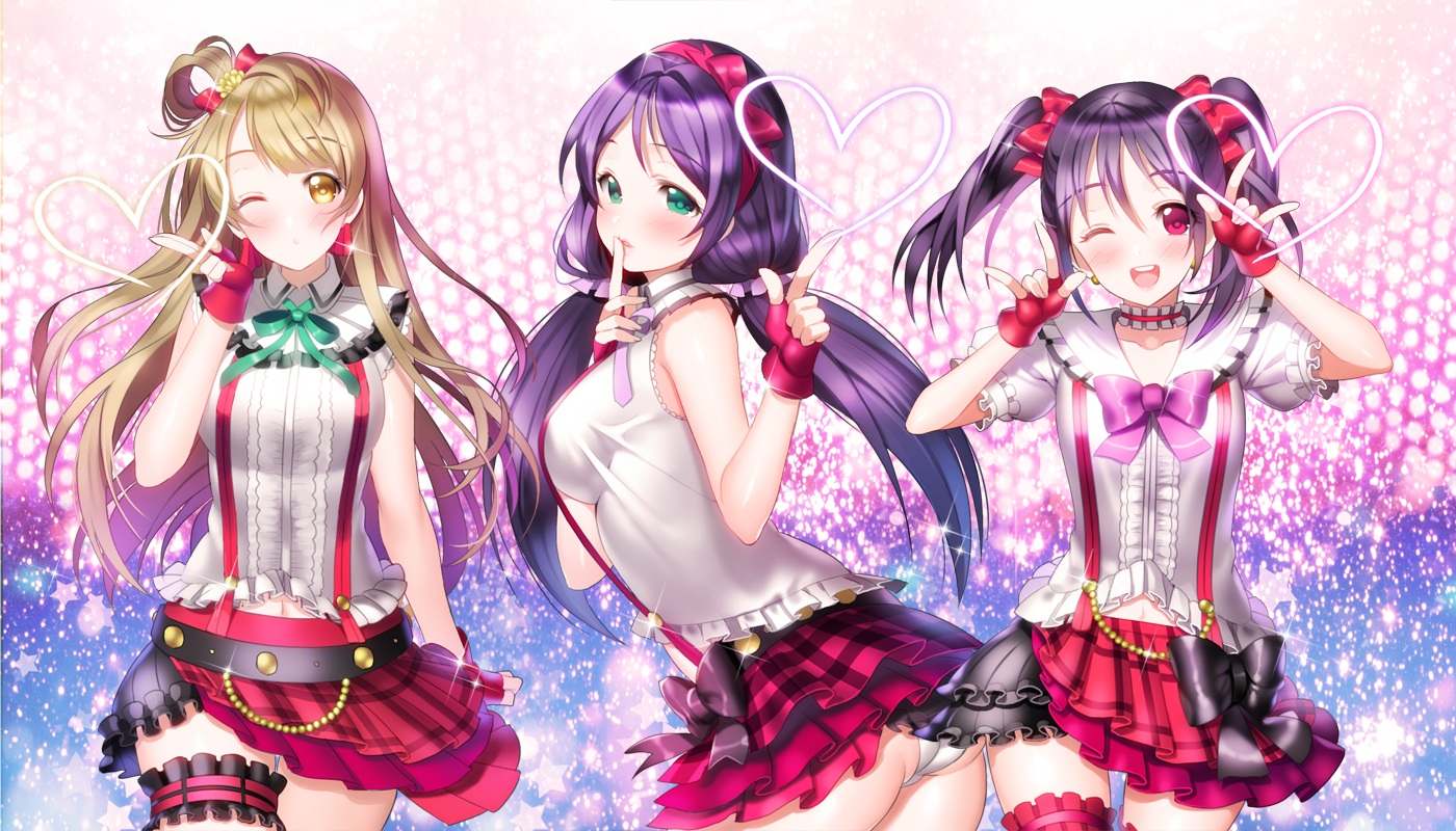 aile_(crossroads), blonde_hair, bow, garter, green_eyes, love_live!_school_idol_project, minami_kotori, panties, purple_hair, red_eyes, skirt, toujou_nozomi, twintails, underwear, wink, yazawa_nico, yellow_eyes