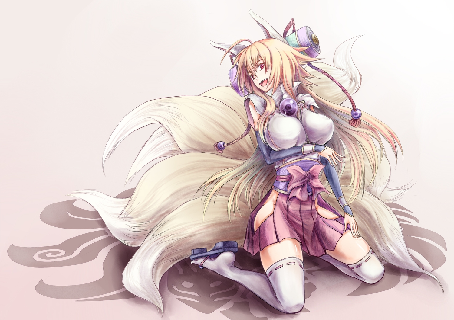 animal_ears, blonde_hair, foxgirl, izuna_(shinrabanshou), japanese_clothes, multiple_tails, red_eyes, shinrabanshou, shouma_(bravespiritya), tail, thighhighs