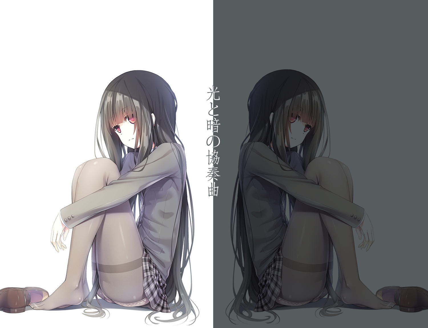 black_hair, long_hair, original, panties, pantyhose, peragura, red_eyes, school_uniform