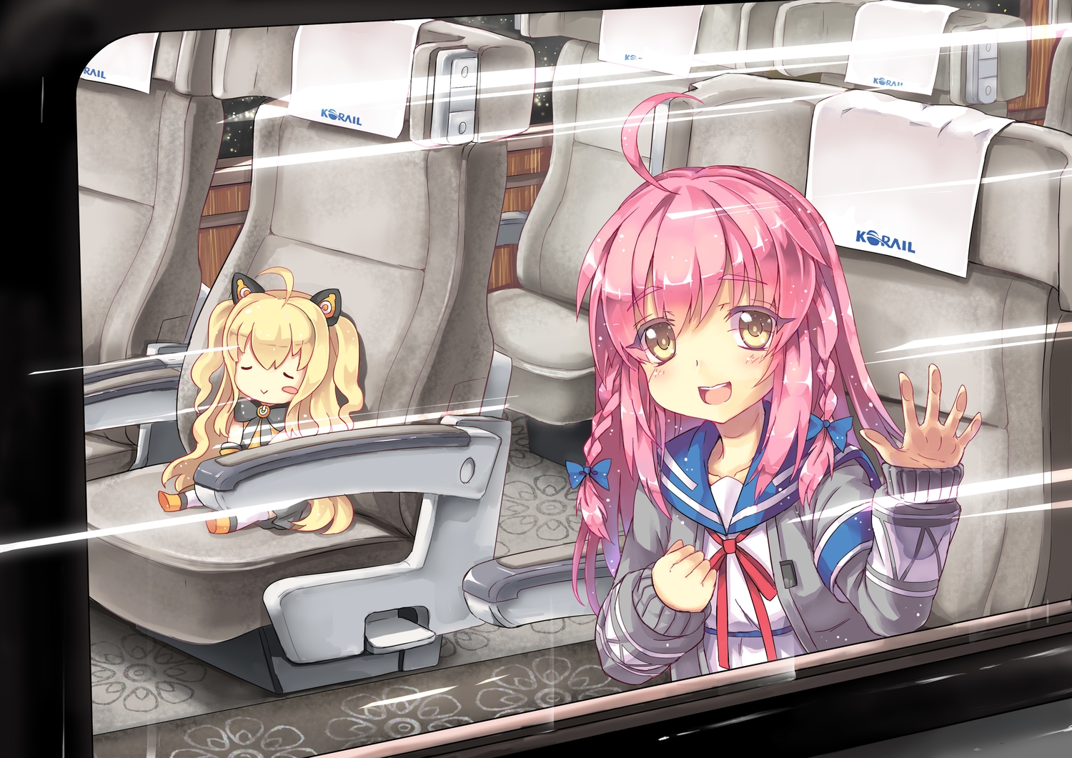 2girls, blonde_hair, bow, braids, brown_eyes, chibi, china_railway_girl, long_hair