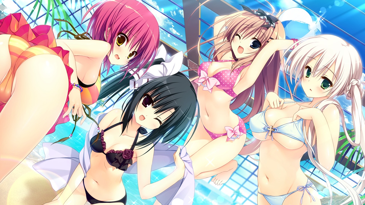bikini, black_hair, blue_eyes, blush, breasts, brown_hair, cleavage, fujita_konron, game_cg, group, inugami_kira, kashiwabara_mii, majo_koi_nikki, nanno_alice, navel, pink_hair, purple_eyes, qoobrand, suou_hijiri, swimsuit, towel, wink, yellow_eyes