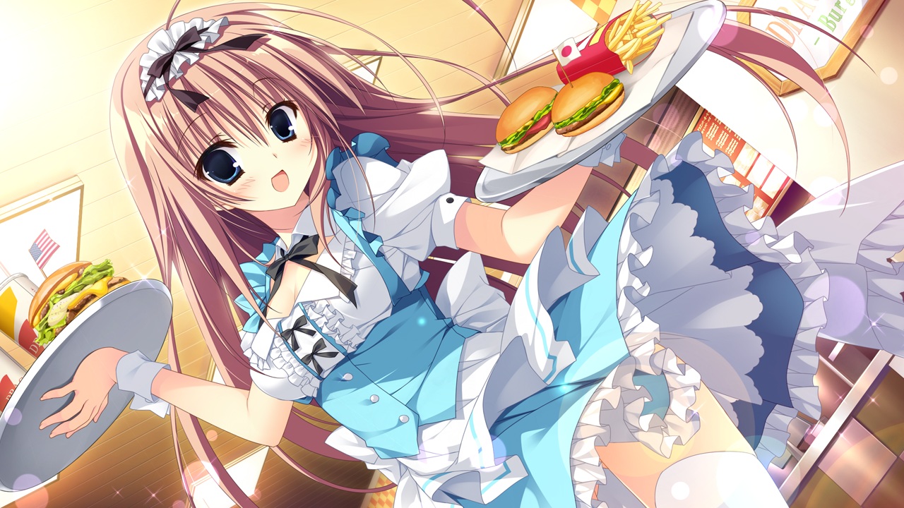 blue_eyes, blush, brown_hair, food, game_cg, inugami_kira, long_hair, maid
