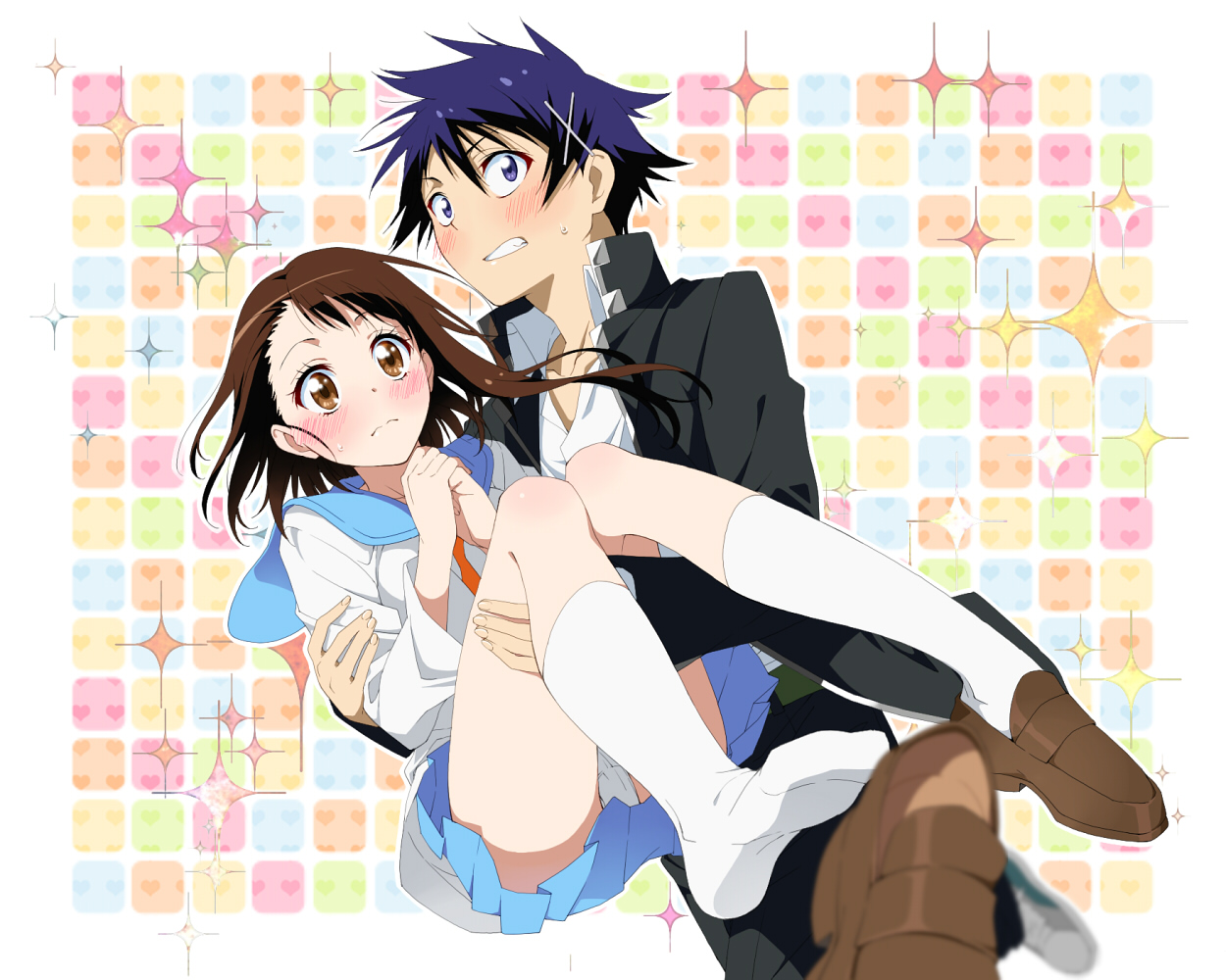 16ban, blue_eyes, blush, brown_eyes, brown_hair, ichijou_raku, male, nisekoi, onodera_kosaki, school_uniform, socks