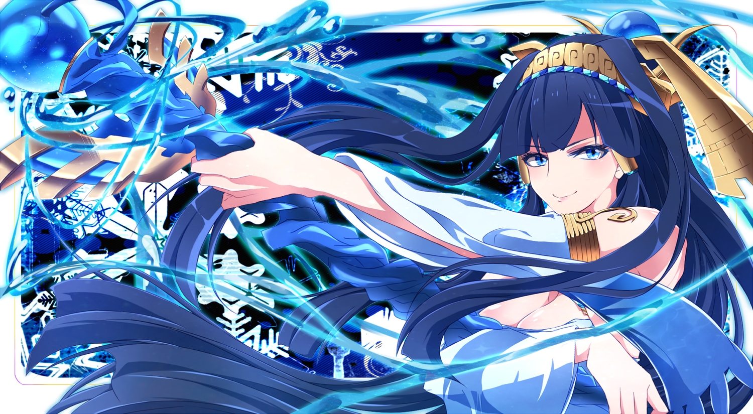 blue_eyes, blue_hair, breasts, cleavage, isis_(p&d), lailu, long_hair, puzzle_&_dragons