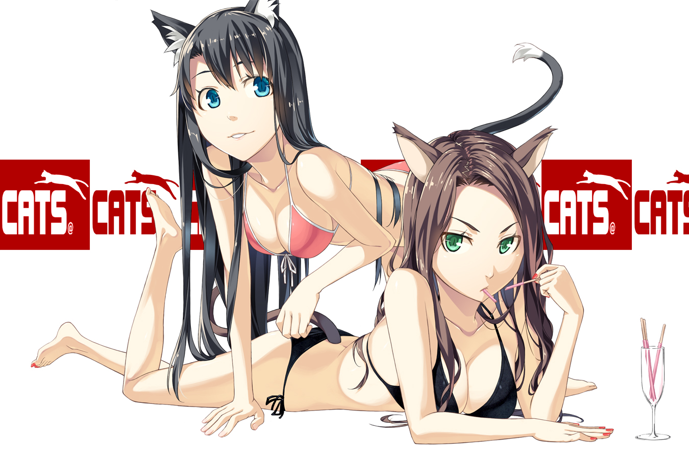 2girls, animal_ears, bikini, black_hair, blue_eyes, brown_hair, catgirl, food