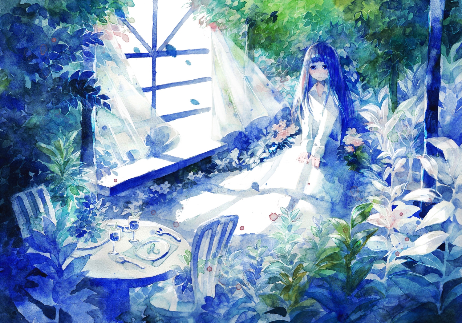 bed, blue_eyes, blue_hair, flowers, leaves, original, yamashiro_(heisi-chan)