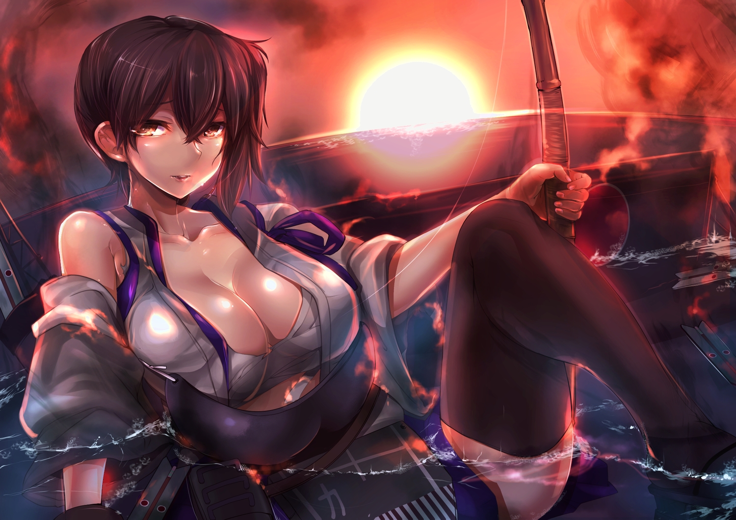 anthropomorphism, bow_(weapon), breasts, brown_eyes, brown_hair, cleavage, japanese_clothes, kaga_(kancolle), kantai_collection, open_shirt, silly_(marinkomoe), sunset, thighhighs, water, weapon