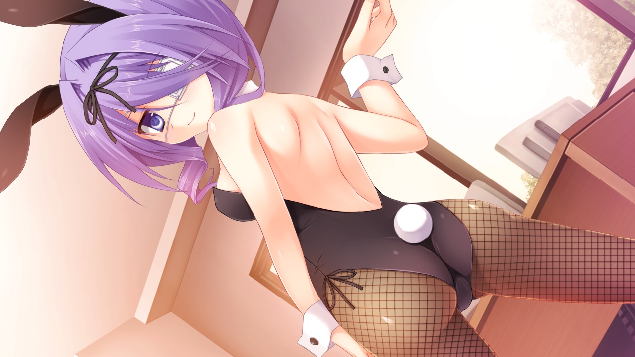 animal_ears, ass, bunny_ears, bunnygirl, eyepatch, flat, game_cg, hikoukigumo_no_mukougawa, leotard, purinko, purple_eyes, purple_hair, stockings, ugawara_iroha