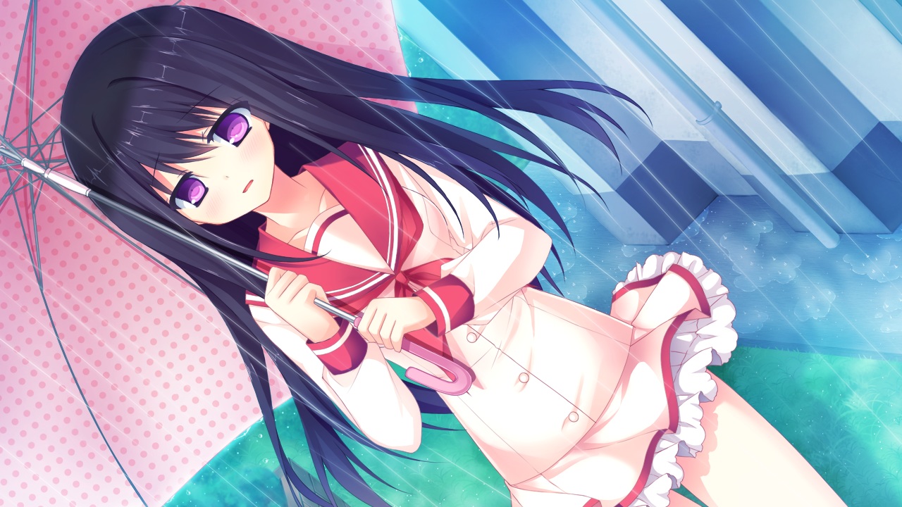 black_hair, flat, game_cg, hikoukigumo_no_mukougawa, long_hair, purinko, purple_eyes, rain