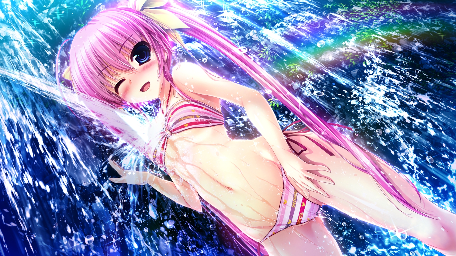 benifuji_yuria, bikini, blush, cameltoe, clochette, game_cg, long_hair, oshiki_hitoshi, pink_hair, sakigake_generation, swimsuit, twintails, water, wet