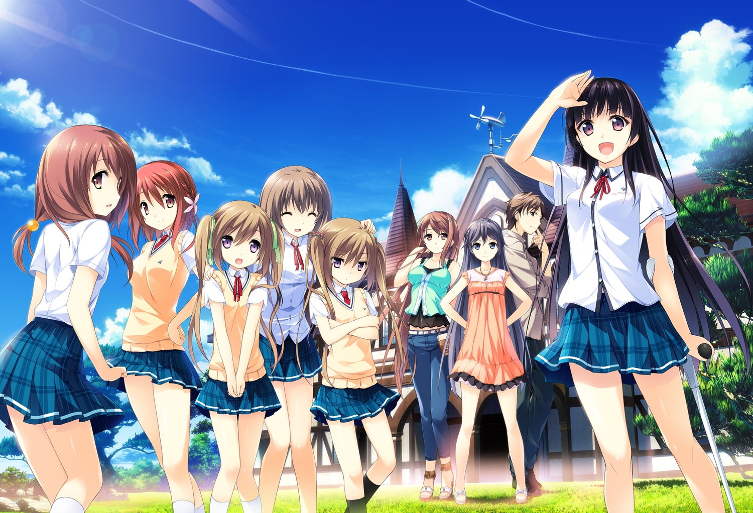 dress, habane_kotori, himegi_ageha, himegi_hotaru, igarashi_tatsuya, kazato_asa, kazato_yoru, kono_oozora_ni_tsubasa_wo_hirogete, misagi_isuka, mochizuki_amane, motoi_ayumu, pulltop, school_uniform, shigure_kanako, skirt, yashima_takahiro