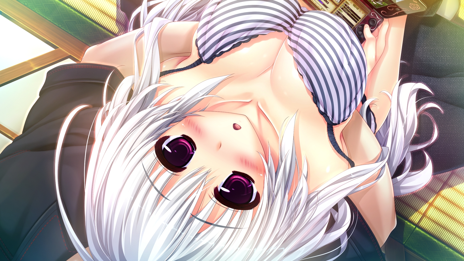 bikini, blush, breasts, cleavage, clochette, game_cg, game_console, kaidou_ririko, long_hair, oshiki_hitoshi, sakigake_generation, swimsuit