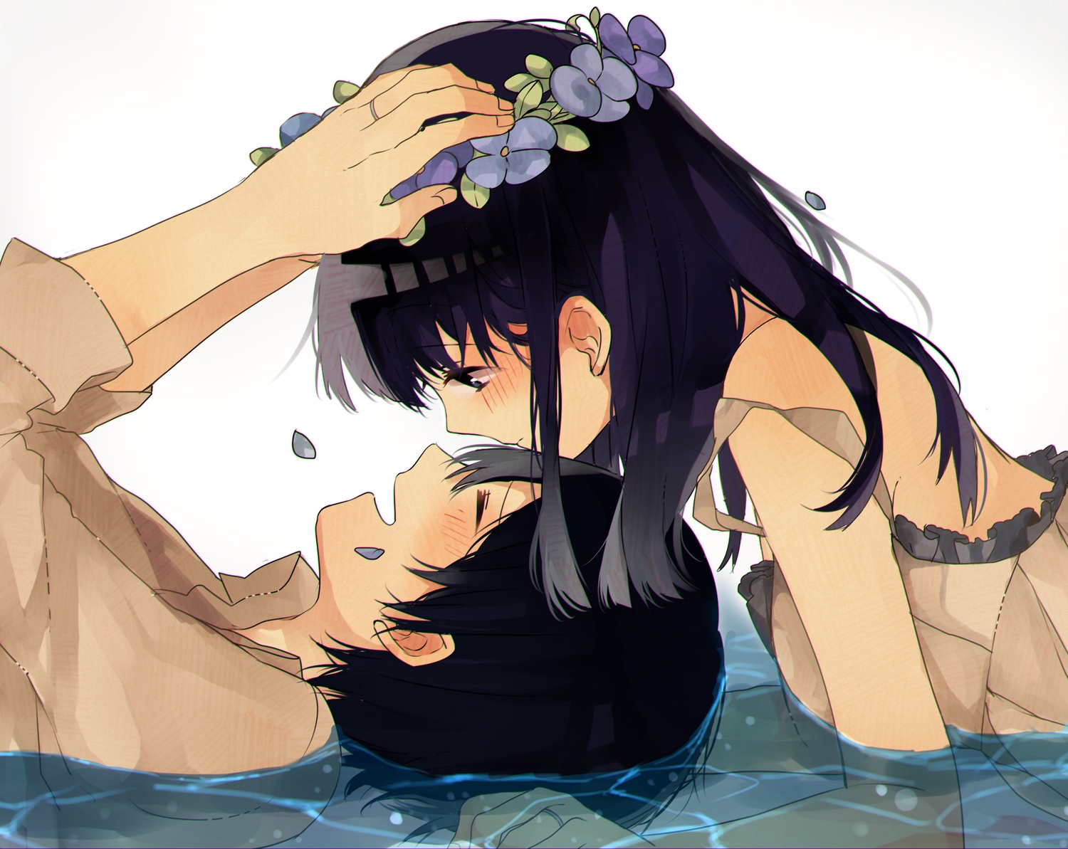 black_eyes, black_hair, blush, flowers, lingmuzi, male, original, water