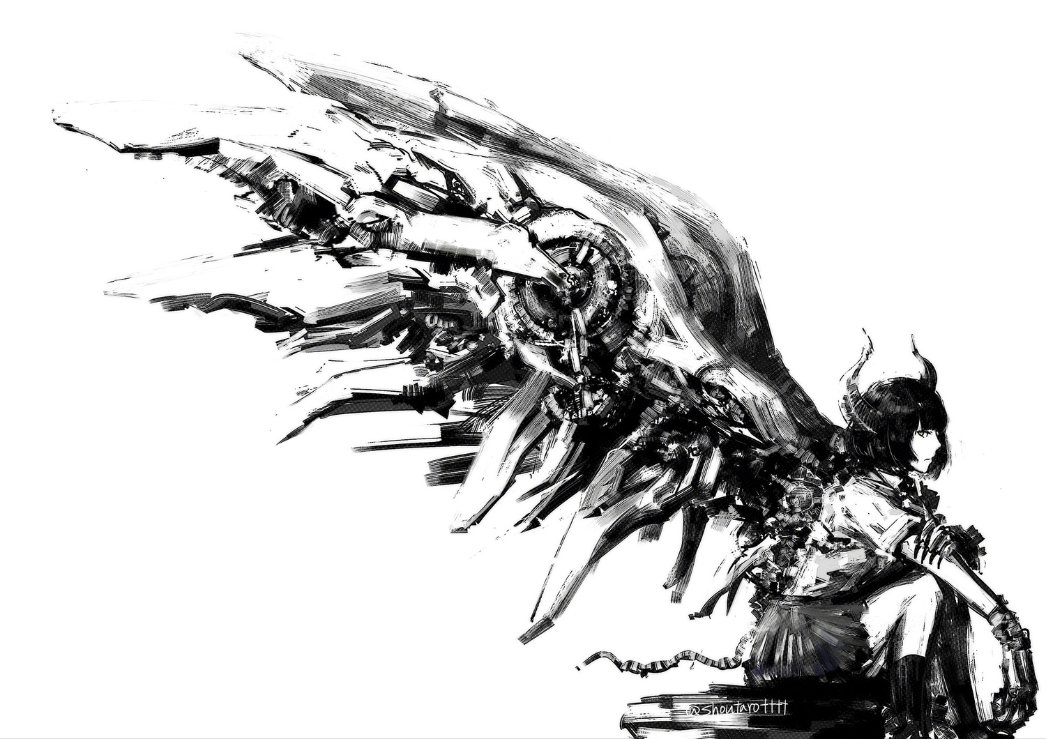 black_hair, horns, monochrome, original, short_hair, shoutarotttt, wings