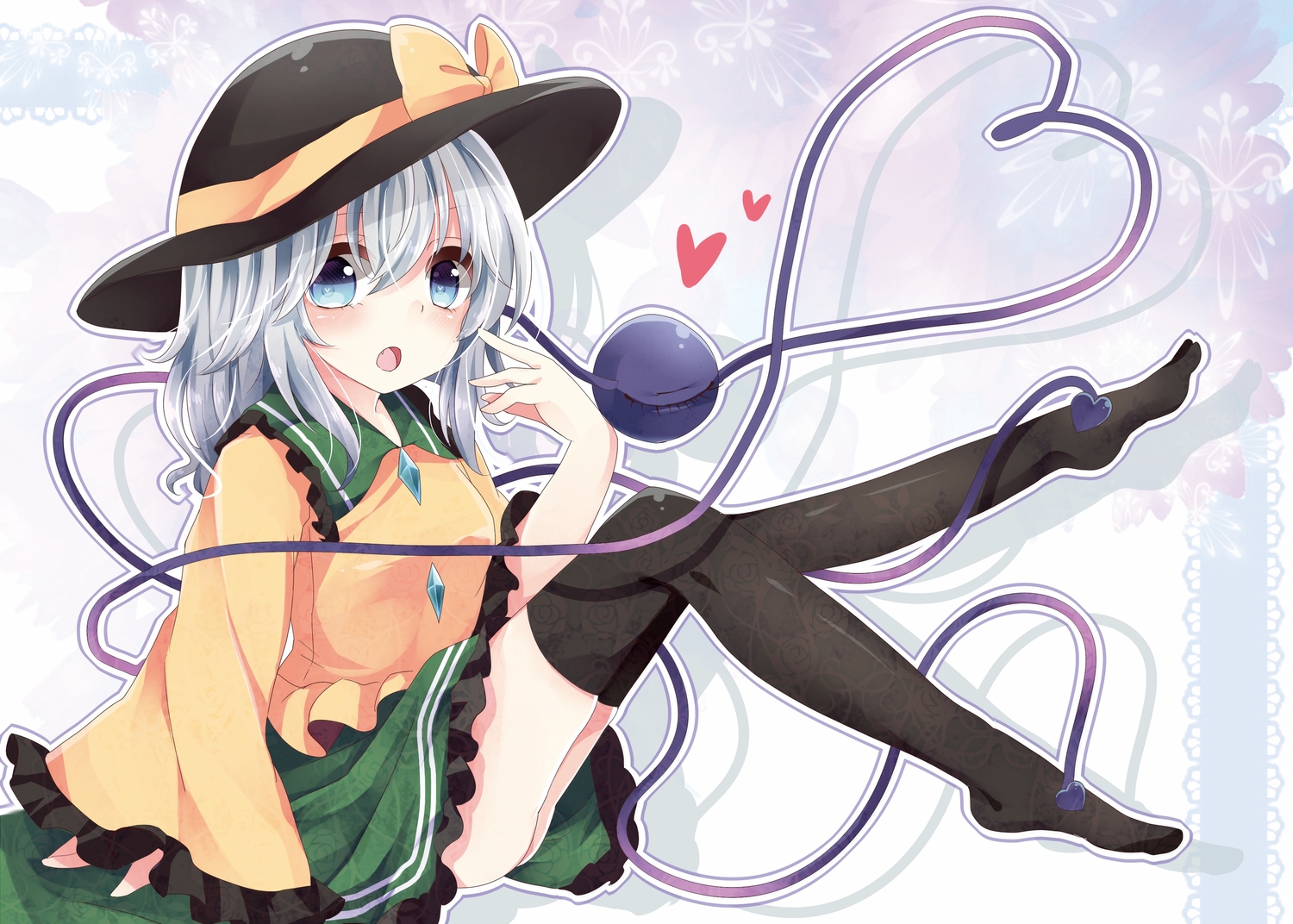 blue_eyes, blue_hair, blush, bow, hat, komeiji_koishi, long_hair, nopan, skirt, thighhighs, touhou, yuria_(kittyluv)
