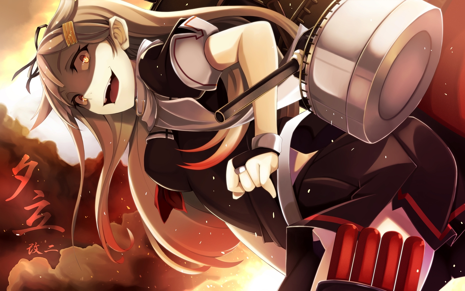 anthropomorphism, blonde_hair, fang, kantai_collection, long_hair, ogami_kazuki, red_eyes, skirt