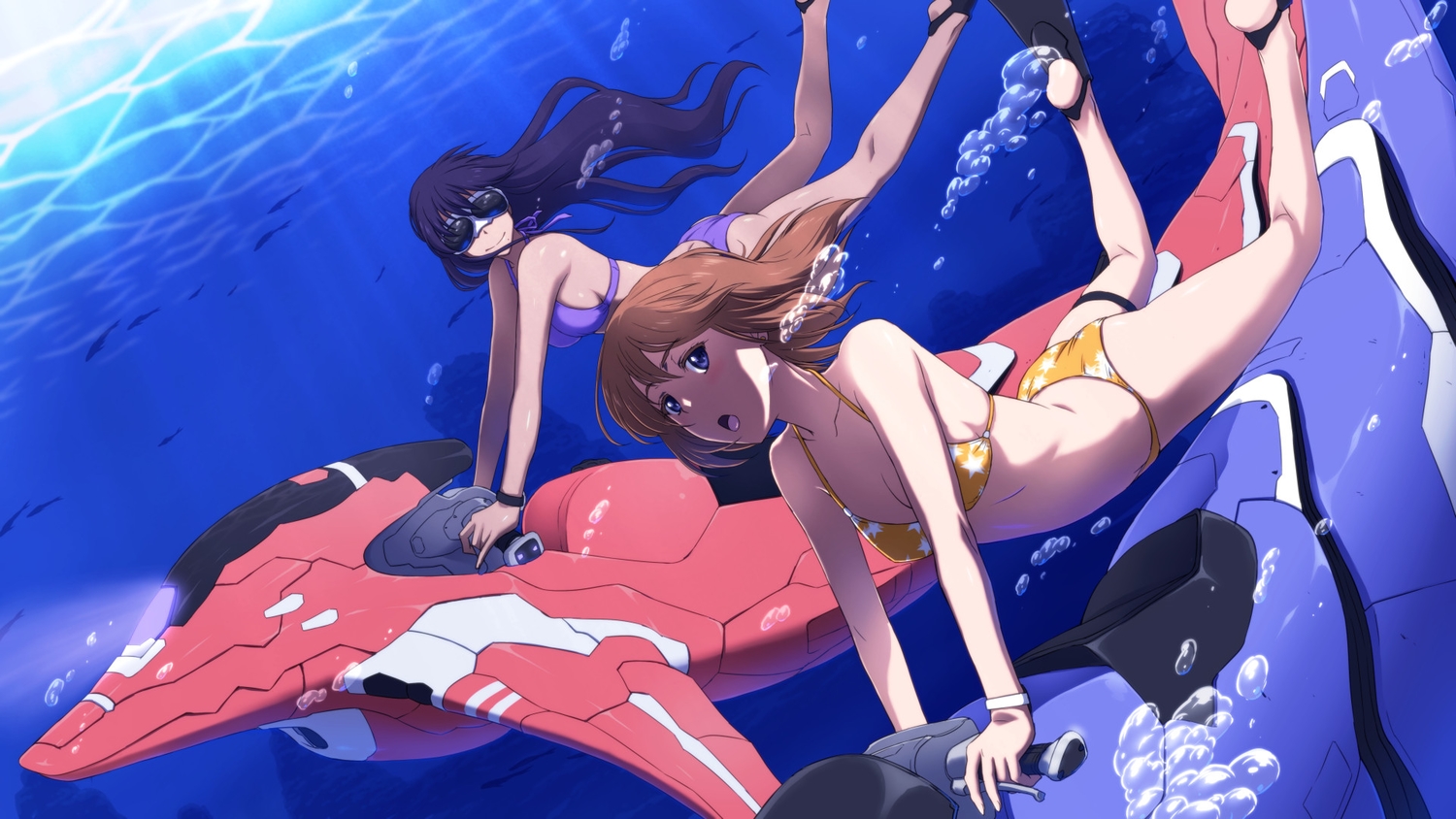 2girls, bikini, black_hair, blue_eyes, brown_hair, bubbles, goggles, iga_tomoteru, long_hair, original, short_hair, swimsuit, underwater, water, wristwear