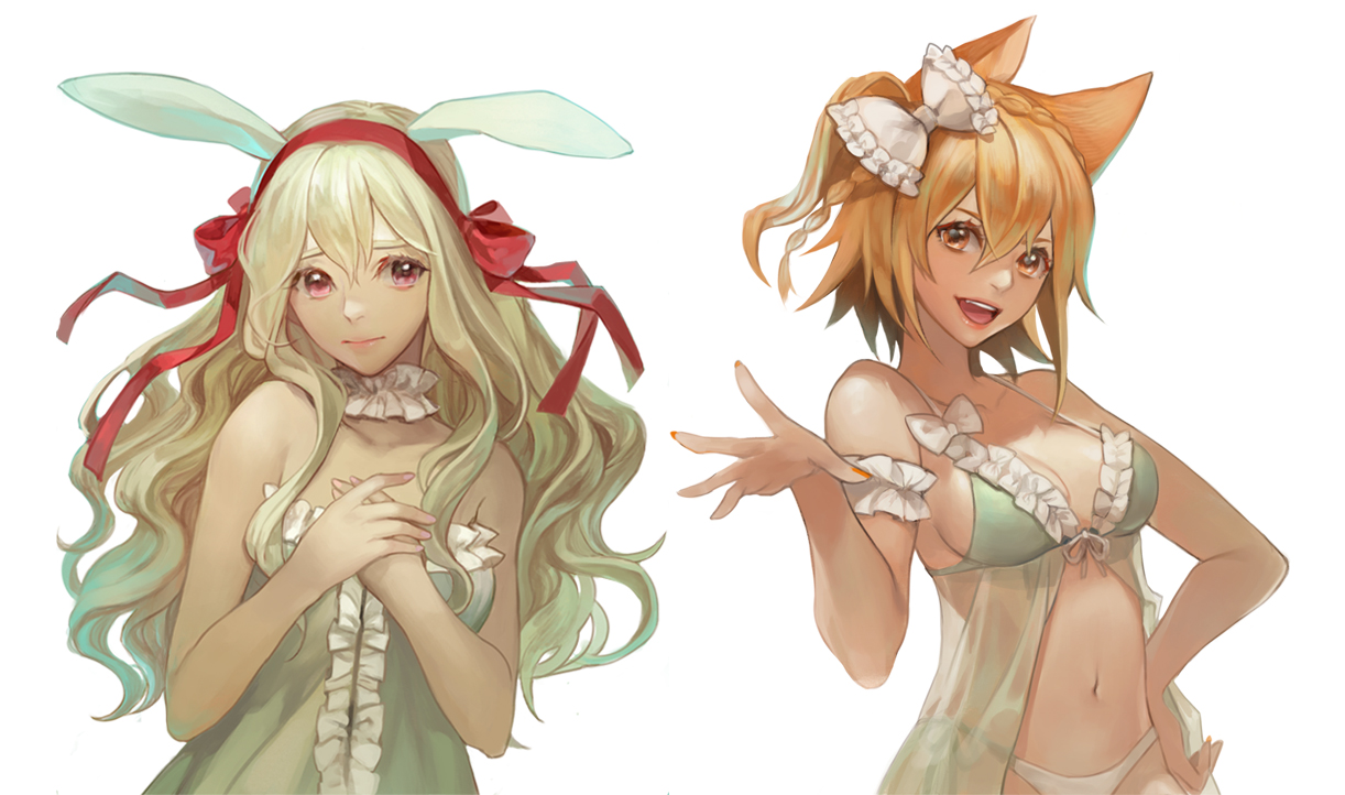 2girls, animal_ears, blonde_hair, bow, bunny_ears, bunnygirl, ddongu, kagerou_project, kisaragi_momo, kozakura_mary, navel, panties, underwear