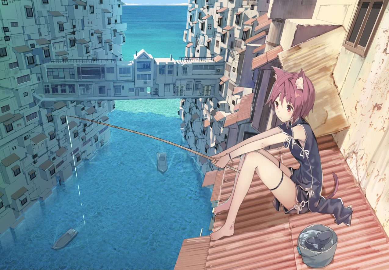 animal_ears, barefoot, boat, building, catgirl, chinese_clothes, city, izumi_sai