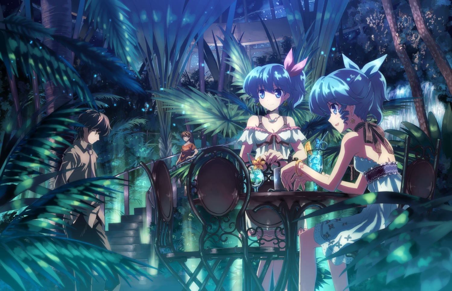 blue_eyes, blue_hair, brown_eyes, brown_hair, choker, dj_max, dress, drink