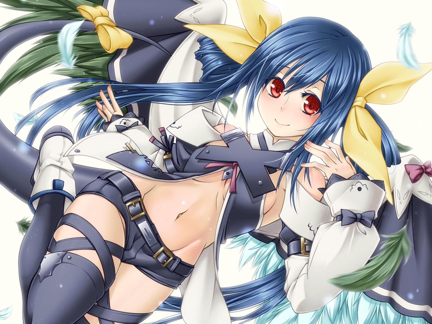 blue_hair, blush, bow, dizzy, feathers, guilty_gear, long_hair, navel