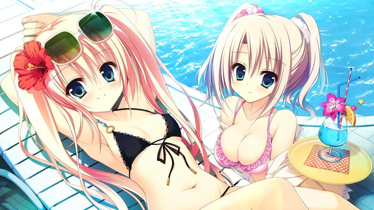 2girls, bikini, breasts, cleavage, game_cg, inugami_kira, long_hair, majo_koi_nikki