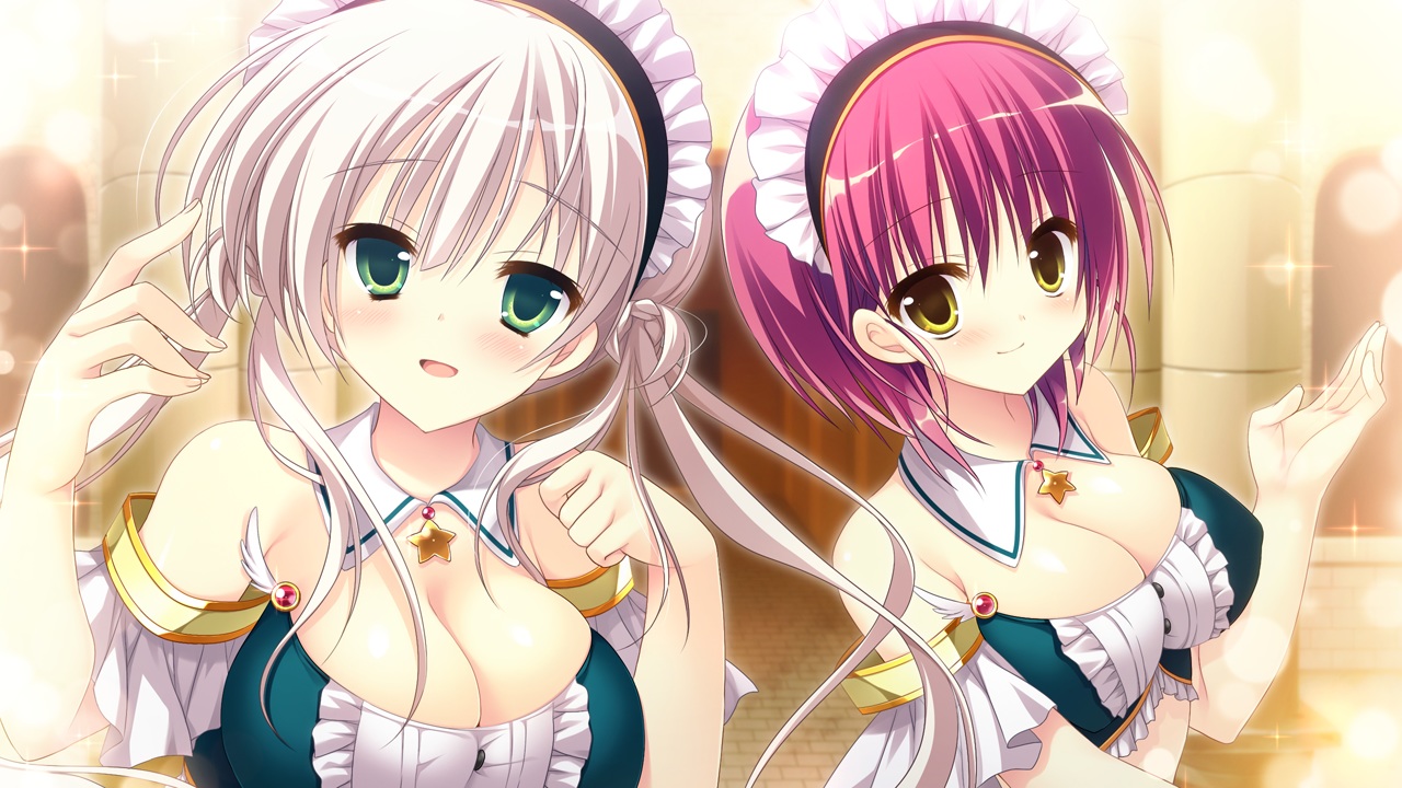 2girls, breasts, cleavage, game_cg, green_eyes, headband, inugami_kira, kashiwabara_mii