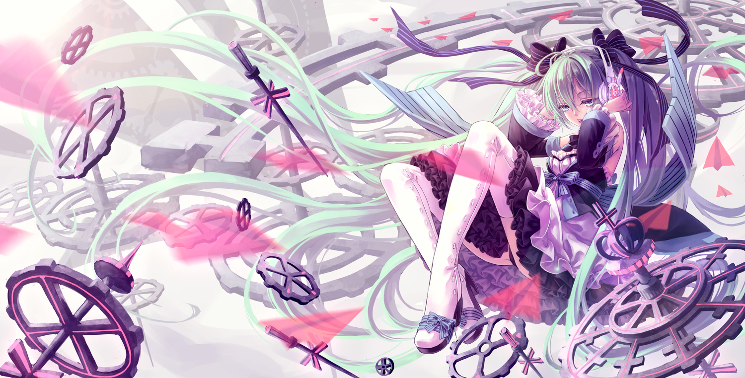 aqua_eyes, aqua_hair, boots, bow, cross, dress, hatsune_miku, headphones, lolita_fashion, long_hair, maple_(maplehy), ribbons, thighhighs, twintails, vocaloid
