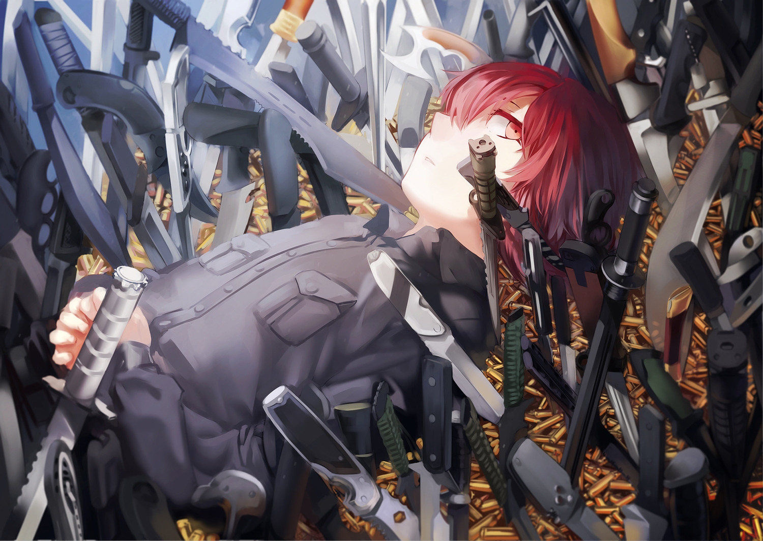 all_male, knife, male, original, red_eyes, red_hair, rff_(3_percent), short_hair