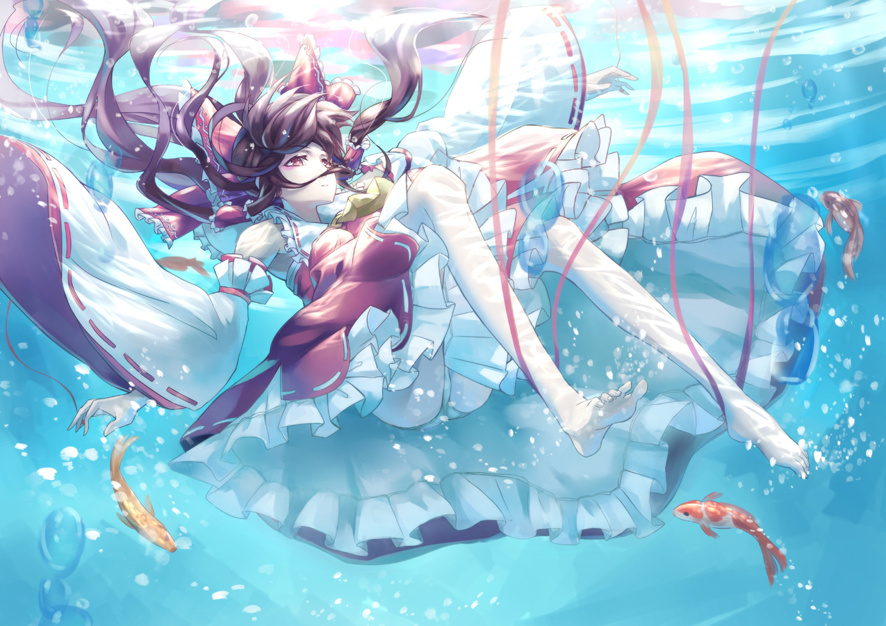 animal, barefoot, brown_hair, bubbles, dress, fish, hakurei_reimu, japanese_clothes
