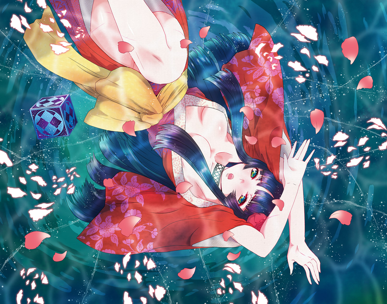 blue_hair, breasts, choker, gachirin_ni_kiri_saku, green_eyes, inugami_sakuya, japanese_clothes, kimono, long_hair, open_shirt, oxoxox, petals, water