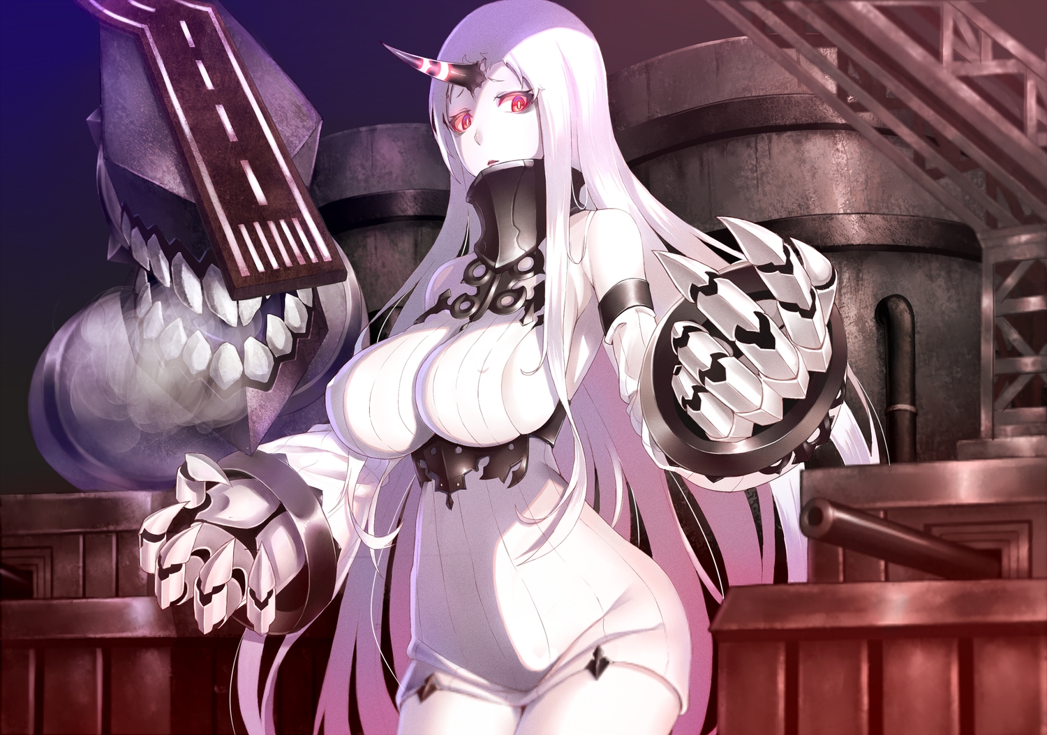 anthropomorphism, horns, junnkinn, kantai_collection, long_hair, red_eyes, seaport_hime, white_hair