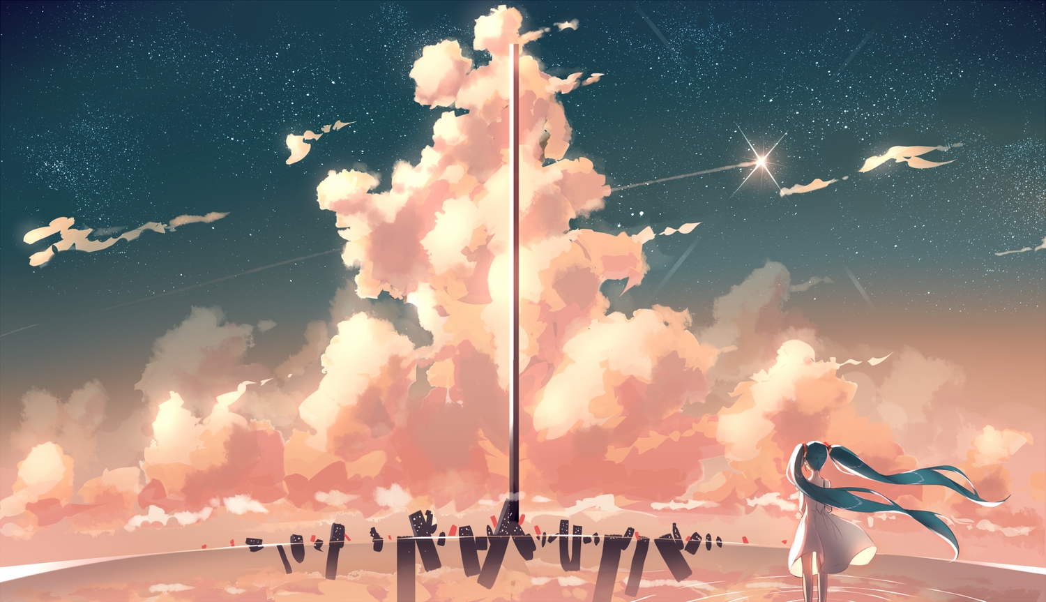 aqua_hair, clouds, dress, hatsune_miku, original, phantania, scenic, sky