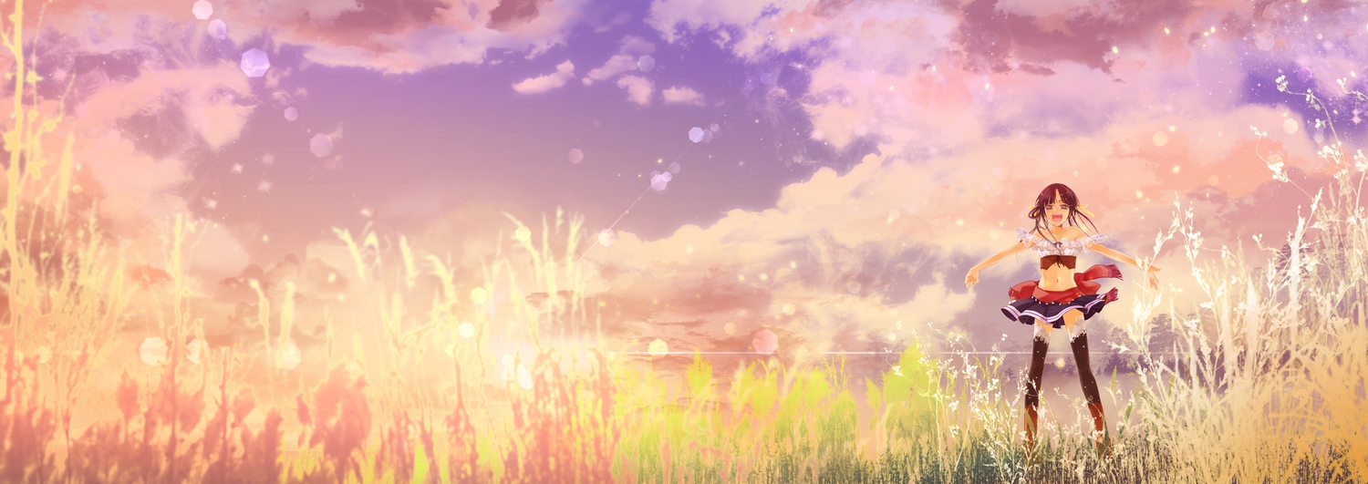 brown_hair, clouds, grass, majo_no_shinzou, natsume_(1-pico), navel, purple_eyes, saye_(majo_no_shinzou), scenic, skirt, sky, sunset, thighhighs
