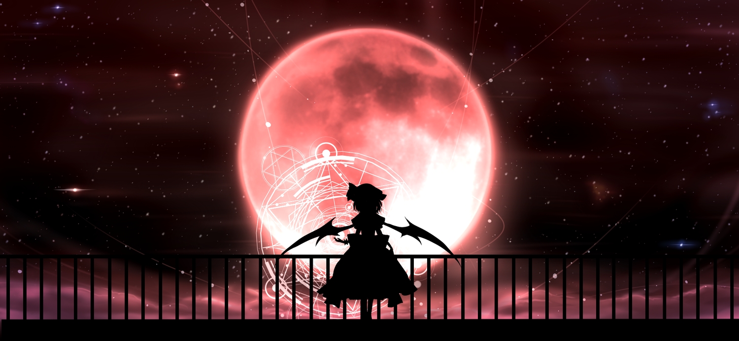 hat, magic, minust, moon, night, remilia_scarlet, short_hair, silhouette, skirt, sky, stars, touhou, vampire, wings